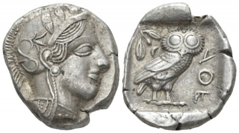 Attica, Athens Tetradrachm ater 449, AR 26.00 mm., 17.13 g.
Head of Athena r., ...