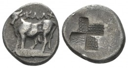 Bithynia, Chalchedon Half siglos circa 340-320, 14.10 mm., 2.39 g.
Bull on corn-ear l; above, KAΛX. Rev. Quadripartite incuse square .SNG Stancomb 14...