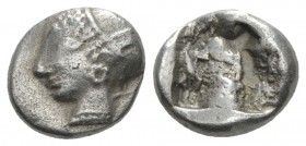 Ionia, Phocaea Diobol circa 500-480, AR 11.00 mm., 1.14 g.
Female head l., wearing helmet or close fitting cap. Rev. Quadripartite incuse square. SNG...