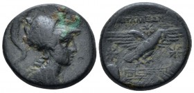 Phrygia, Apameia Bronze circa 88-40, Æ 20.00 mm., 6.66 g.
Bust of Athena r., wearing crested Corinthian helmet and aegis. Rev. Eagle r., landing on m...