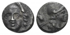 Pisidia, Selge Obol IV-III cent, AR 8.00 mm., 0.95 g.
Gorgoneion. Rev. Head of Athena r.; in l. field, astragalus SNG Copenhagen 246. SNG France 1932...