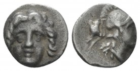Pisidia, Selge Trihemiobol circa 300-190, AR 9.00 mm., 0.90 g.
Helmeted head of Athena r., in l. field, astragalus. Rev. Facing Gorgoneion. SNG von A...