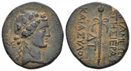 Seleucis ad Pieria, Apameia Bronze circa 9-8, Æ 20.00 mm., 6.73 g.
Head of Dionysos r., wearing ivy wreath. Rev. Thyrsos; ΔΤ (date) to inner left; M–...