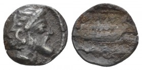 Phoenicia, Uncertain king, 380-350 Aradus Obol circa 380-350, AR 8.00 mm., 0.71 g.
Laureate and bearded head of Ba'al-Arwad r. Rev. Galley to r. with...