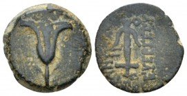 Judaea, John Hyrkanos I, 135–104 Jerusalem Prutha circa 135-104, Æ 11.70 mm., 2.65 g.
Anchor. Rev. Lily. Hendin 1131.

Scarce. Very fine