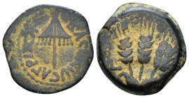 Judaea, Agrippa I, 37-43 Jerusalem Prutah circa 41-42, Æ 12.80 mm., 3.35 g.
Canopy. Rev. Three ears of corn; in field, L-Ϛ. RPC 4981. Hendin 1244.
...
