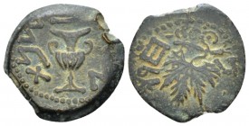 Judaea, Jewish War, 66-70 Jerusalem Prutah circa 67-68 (year 2), Æ 12.00 mm., 2.78 g.
Amphora. Rev. Vine leaf on branch with tendril. Meshorer 196. H...