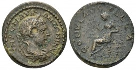 Macedonia, Pella Elagabalus, 218-222 Bronze circa 218-222, Æ 23.60 mm., 12.25 g.
Laureate, draped and cuirassed bust r. Rev. Aphrodite seated, l., ra...