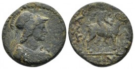 Lydia, Attalea Pseudo-autonomous issue. Bronze circa 180-218, Æ 17.80 mm., 4.28 g.
Bust of Athena wearing aegis r. Rev. ΑΤΤΑΛƐΑΤΩΝ Apollo-Mên on hors...