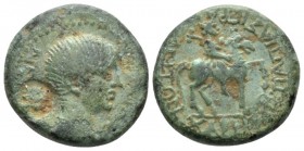 Phrygia, Hierapolis Nero, 54-68 Bronze circa 55, Æ 18.70 mm., 5.20 g.
Youthful, draped bust of Nero r.; countermark of radiate head. Rev. Apollo on h...