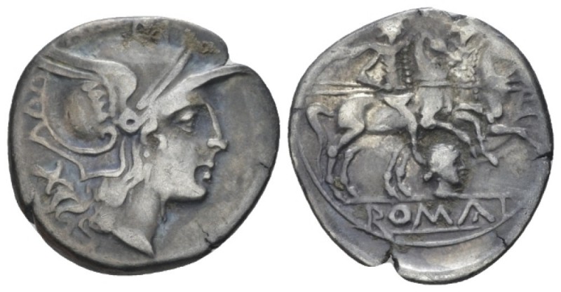 Denarius circa 206-205,, AV 18.00 mm., 3.16 g.
Helmeted head of Roma r.; behind...