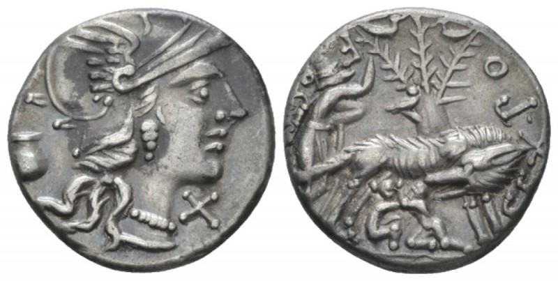 Sex. Pompeius. Denarius circa 137, AR 18.50 mm., 3.81 g.
Helmeted head of Roma ...