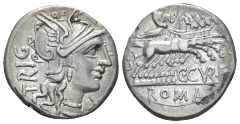 C. Curatius f. Tregeminus. Denarius circa 135, AR 18.00 mm., 3.93 g.
Helmeted h...