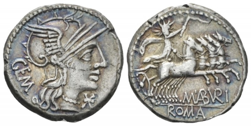 M. Aburius M. f. Gem. Denarius circa 132, AR 19.50 mm., 3.79 g.
Helmeted head o...