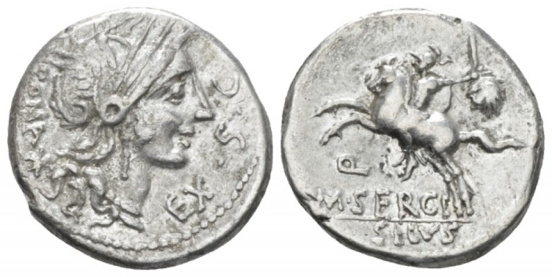 M. Sergius Silus. Denarius 116 or 115, AR 17.50 mm., 3.84 g.
Helmeted head of R...