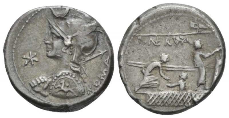 P. Licinius Nerva. Denarius 113 or 112, AR 18.00 mm., 3.93 g.
Helmeted bust of ...