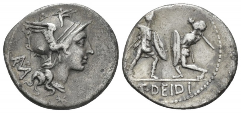 T. Didius. Denarius 113 or 112, AR 19.50 mm., 3.79 g.
Helmeted head of Roma r.;...