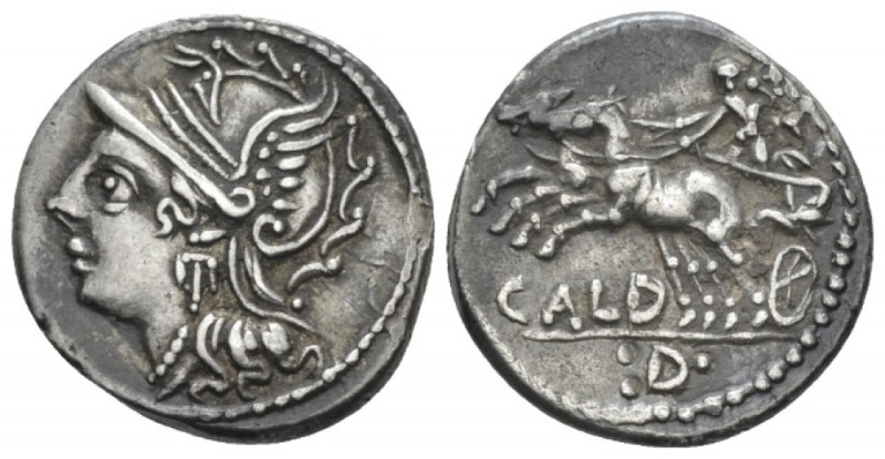 C. Coelius Caldus. Denarius circa 104, AR 18.50 mm., 3.86 g.
Helmeted head of R...