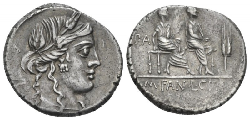 M. Fannius. L. Critonius Aed Pl. Denarius circa 86, AR 19.50 mm., 4.21 g.
AED·P...