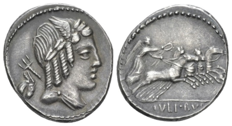 L. Iulius Bursio. Denarius circa 85, AR 18.00 mm., 3.86 g.
Male head r., with t...