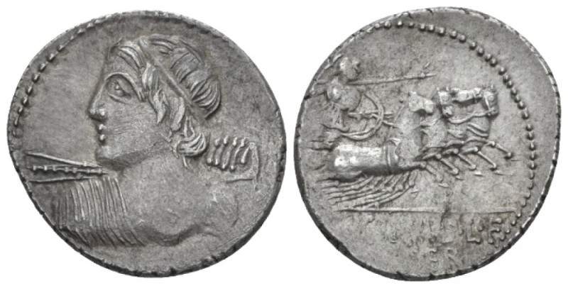 C. Licinius L.f. Macer. Denarius circa 84, AR 20.70 mm., 3.98 g.
Bust of Apollo...