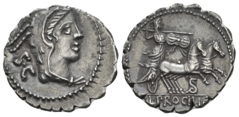 L. Procilius. Denarius serratus circa 80, AR 19.50 mm., 4.00 g.
Head of Juno So...