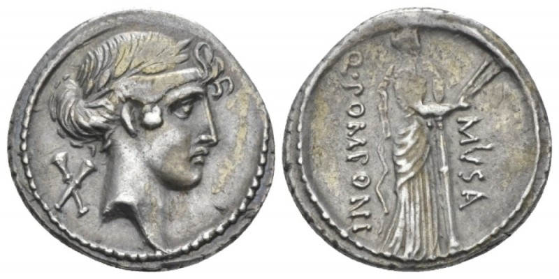 Q. Pomponius Musa. Denarius circa 66, AR 18.50 mm., 3.46 g.
Laureate head of Ap...