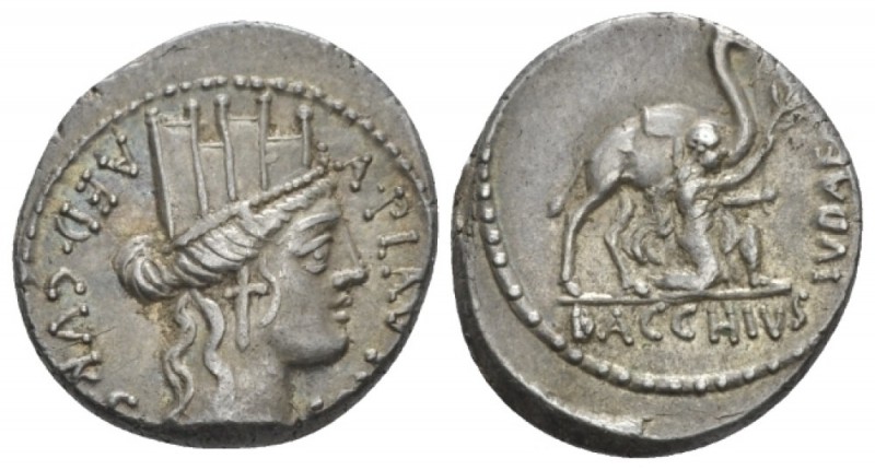 A. Plautius. Denarius circa 55, AR 18.00 mm., 3.60 g.
A·PLAVTIVS – AED·CVR·S·C ...