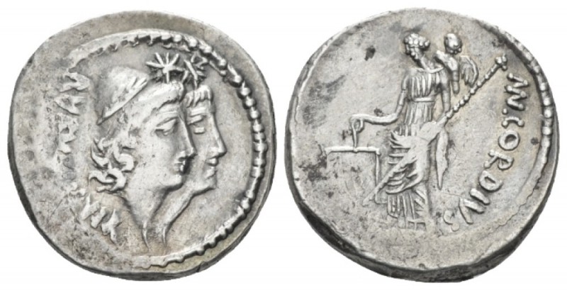 Mn. Cordius Rufus. Denarius circa 45, AR 18.30 mm., 4.09 g.
Jugate heads of the...