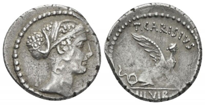 T. Carisius. Denarius circa 46, AR 18.00 mm., 4.00 g.
Head of Sybil r. Rev. T·C...