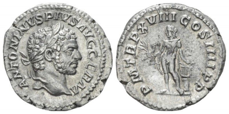 Caracalla, 198-217 Denarius circa 215, AR 18.50 mm., 2.89 g.
Laureate head r. R...