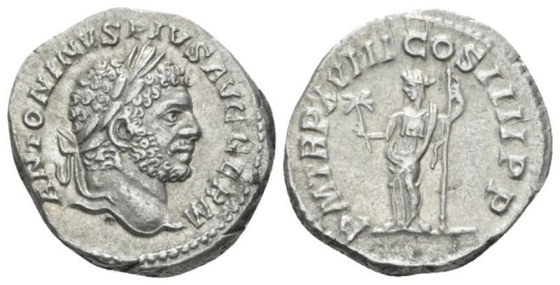 Caracalla, 198-217 Denarius Rome 215, AR 18.00 mm., 2.89 g.
Laureate head r. Re...