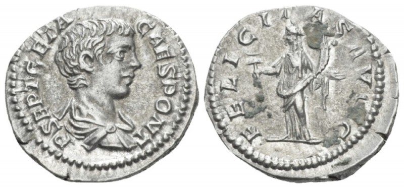 Geta Caesar, 198-209. Denarius circa 200-202, AR 19.40 mm., 3.46 g.
Bare-headed...