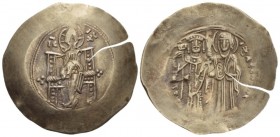 Manuel I, Comnenus 8 April 1143 – 24 September 1180 Aspron trachy Constantinople 1167-1183 (?), EL 30.70 mm., 4.00 g.
Christ enthroned facing, nimbat...