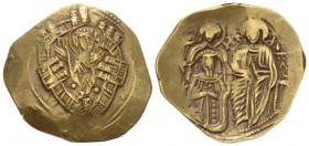 Michael VIII, 1261-1282. Hyperperon nomisma circa 1222-1254, AV 25.60 mm., 4.15 g.
Bust of Mary, orans, within city walls with six groups of towers. ...