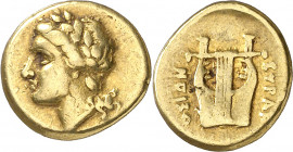 (310-300 a.C.). Sicilia. Siracusa. 1/4 de estátera de oro. (S. 958) (CNG. II, 1295). Acuñada bajo Agatocles. 1,83 g. MBC-.