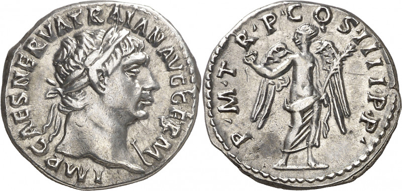 (102 d.C.). Trajano. Denario. (Spink falta) (S. 240b) (RIC. 58). 3,24 g. MBC+.