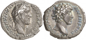 (141 d.C.). Antonino pío y Marco Aurelio. Denario. (Spink 4524) (S. 15) (RIC. 417a). 3,20 g. MBC+.