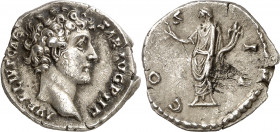 (145 d.C.). Marco Aurelio. Denario. (Spink 4782 var) (S. 110) (RIC. 429a, de Antonino pío). 3,05 g. MBC+.