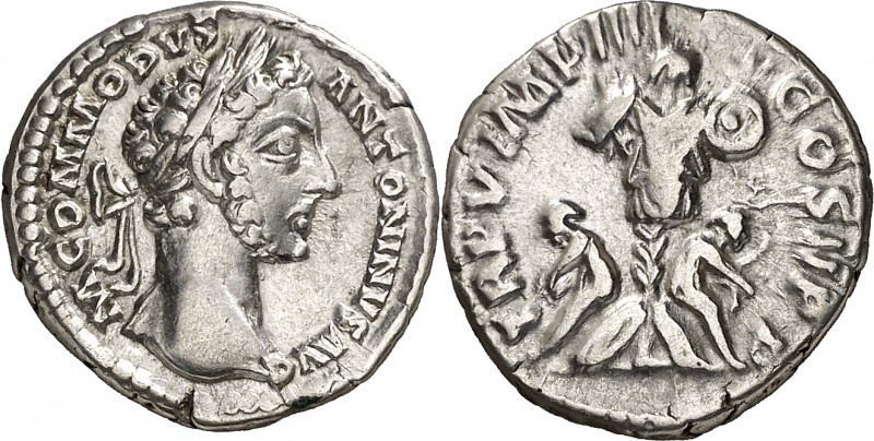 (180 d.C.). Cómodo. Denario. (Spink 5706) (S. 791) (RIC. 9). 3,28 g. MBC+/MBC.