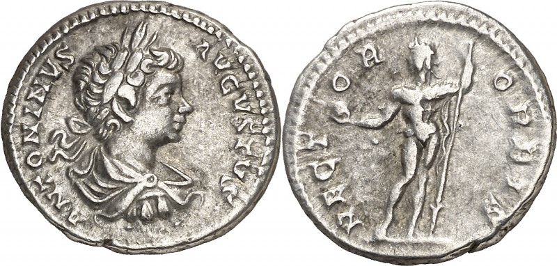 (201 d.C.). Caracalla. Denario. (Spink 6880) (S. 542) (RIC. 39a). 3,31 g. MBC+/M...