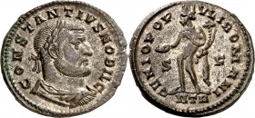 (302-303 d.C.). Constancio I, Cloro. Treveri. Follis. (Spink 14037 var) (Co. 110) (RIC. 531 var). Restos del plateado original. 9,21 g. EBC.