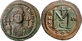 (538-539 d.C.). Justiniano I. Constantinopla. Follis. (Ratto 496) (S. 163). Magnífico ejemplar. Ex Áureo 28/10/1993, nº 89. 21,79 g. EBC-.