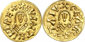 Suintila (621-631). Cesaraugusta (Zaragoza). Triente. (CNV. falta) (R.Pliego 338e var). Muy escasa. 1,42 g. EBC.