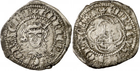 Enrique II (1368-1379). Sevilla. Tercio de real. (AB. 447, como 1/2 real) (Imperatrix E2:17.3 var). Peso muy elevado. Suciedades. Rara con las leyenda...