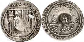 Reyes Católicos. Sevilla. 1 real. Resello (MBC) león en óvalo de puntos (De Mey 945) (Vanhoudt pág. 272 tipo B) en reverso, realizado en 1573 en Holan...