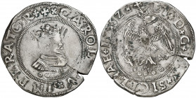 1552. Carlos I. Sicilia. MA. 4 taris. (Vti. 210) (MIR 286) (Cru.C.G. 4165, mismo ejemplar). 1552 doble acuñado, 2 como Z. Valor indicado con. Grieta. ...