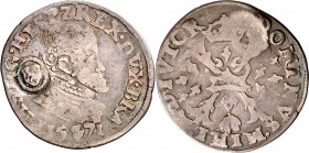 1571. Felipe II. Amberes. 1/10 de escudo felipe. Resello león en escudo (De Mey 944) (Vanhoudt pág. 272 tipo A) en anverso, realizado en 1573 en Holan...