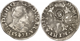 1571. Felipe II. Amberes. 1/10 de escudo felipe. Resello león en escudo (De Mey 944) (Vanhoudt pág. 272 tipo A) en reverso, realizado en 1573 en Holan...