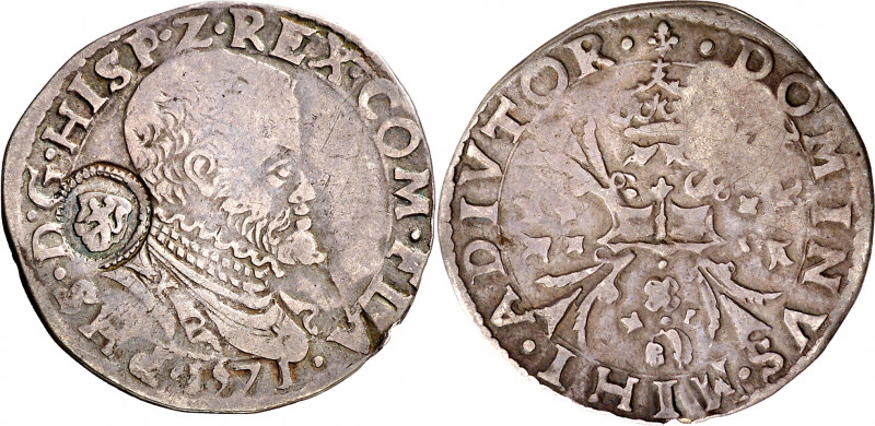 1571. Felipe II. Brujas. 1/10 de escudo felipe. Resello león en escudo (De Mey 9...